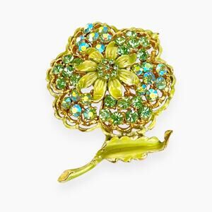 Vintage AB Rhinestone Flower Brooch Green Blue Enamel Sparkly Statement Dome